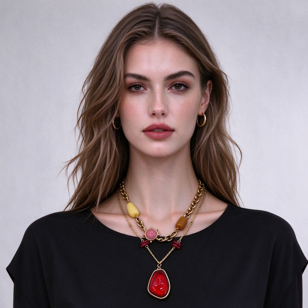 Collar doble de cadena con colgante rojo, joyería de moda al por mayor|JI JOYA