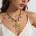 Collar vintage con cruz tótem y turquesa | Cadena gruesa de oro y plata para mujer