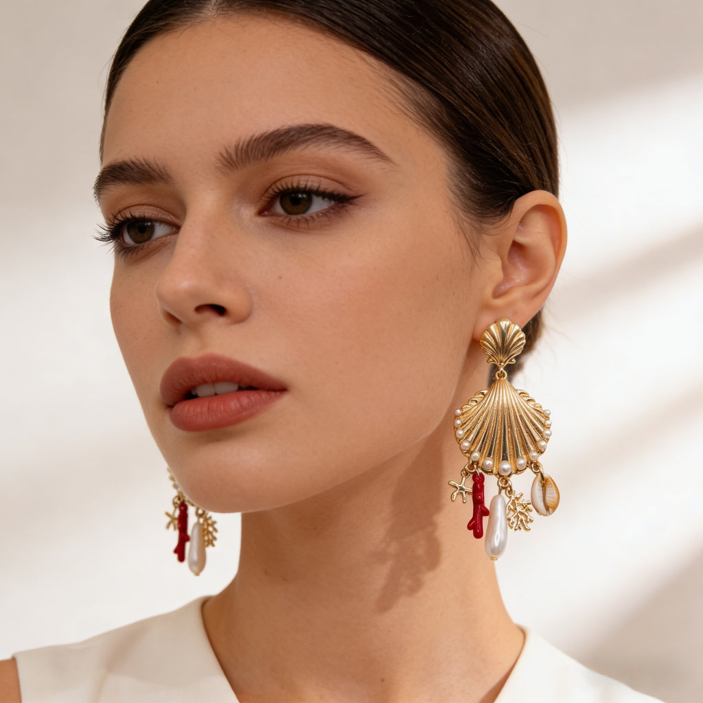 Pendientes de concha dorada con dijes de perla y coral | Joyería bohemia de playa para verano