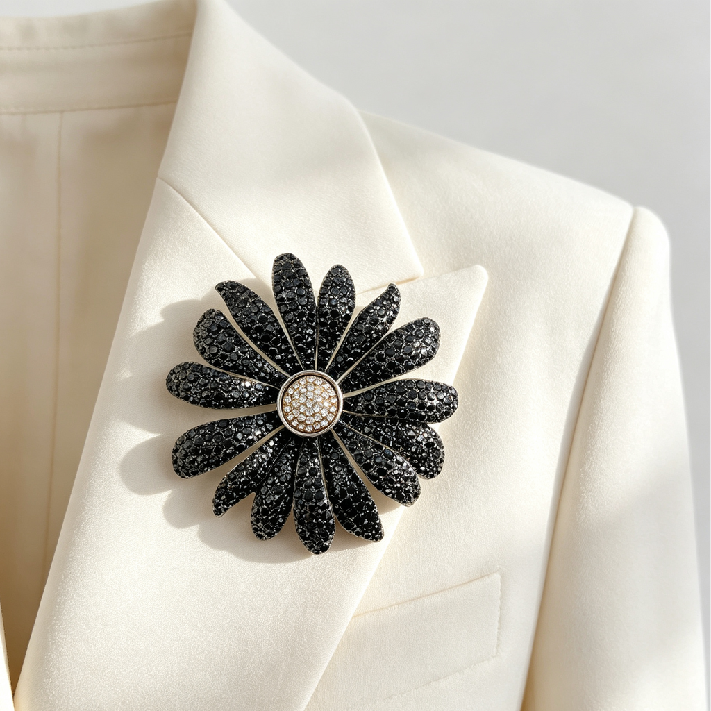 Broche Margarita con Piedras Negras, Broche Flor de Cristal de Moda al Por Mayor|JI JOYA