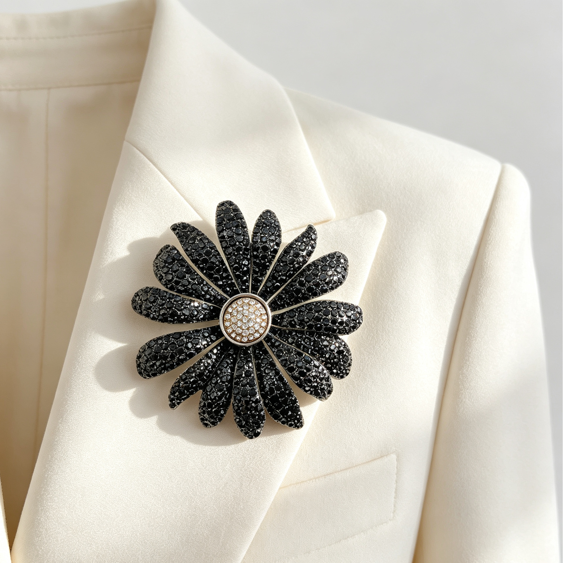 Broche Margarita con Piedras Negras, Broche Flor de Cristal de Moda al Por Mayor|JI JOYA
