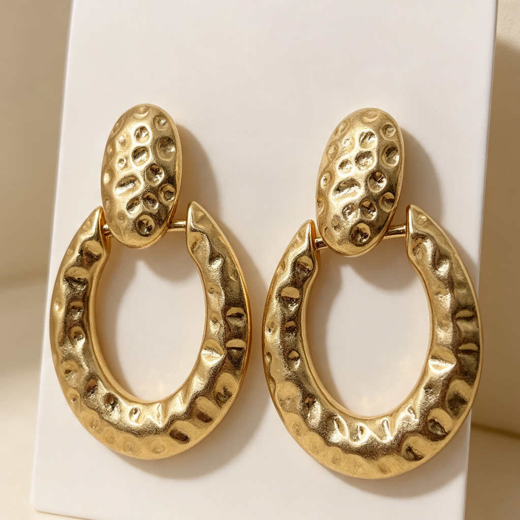 Pendientes Aro Grandes Texturizados Dorados, Pendientes De Metal Martillado Mayorista|JI JOYA