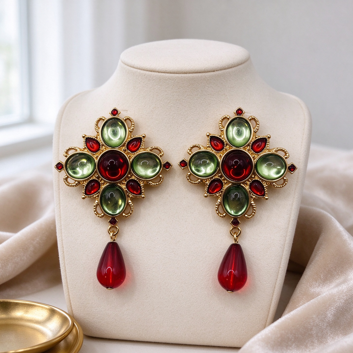 Conjunto Joyería Vintage Medieval, Collar + Pendientes Colgantes con Gota Roja, Bisutería de Lujo para Mujer, Venta al Por Mayor|JI JOYA