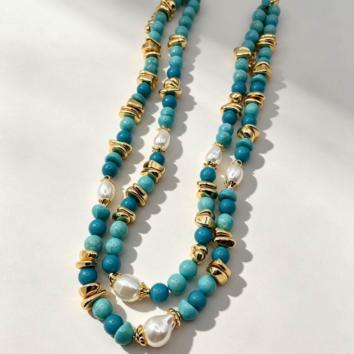 Collar doble combinado turquesa y perlas, collar de cuentas de piedras sintéticas para mujer, al por mayor|JI JOYA
