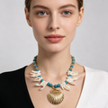 Collar de conchas marinas, cuentas turquesas y colgante de vieira dorada | Joyería de playa al por mayor|JI JOYA