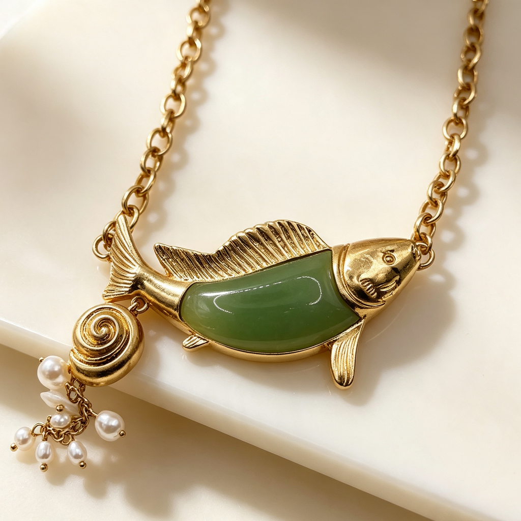 Conjunto Pendientes y Collar Pez Corazón Piedra Verde Dorado | Bisutería Mayorista Moda Mujer|JI JOYA