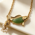 Conjunto Pendientes y Collar Pez Corazón Piedra Verde Dorado | Bisutería Mayorista Moda Mujer|JI JOYA