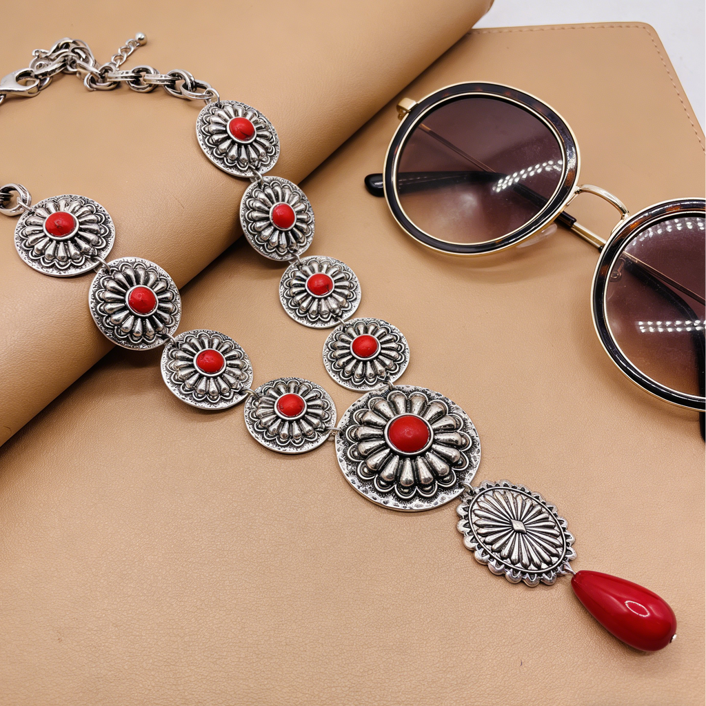 Collar con colgante de concho estilo western | Gargantilla vintage de turquesa y piedra roja para mujer