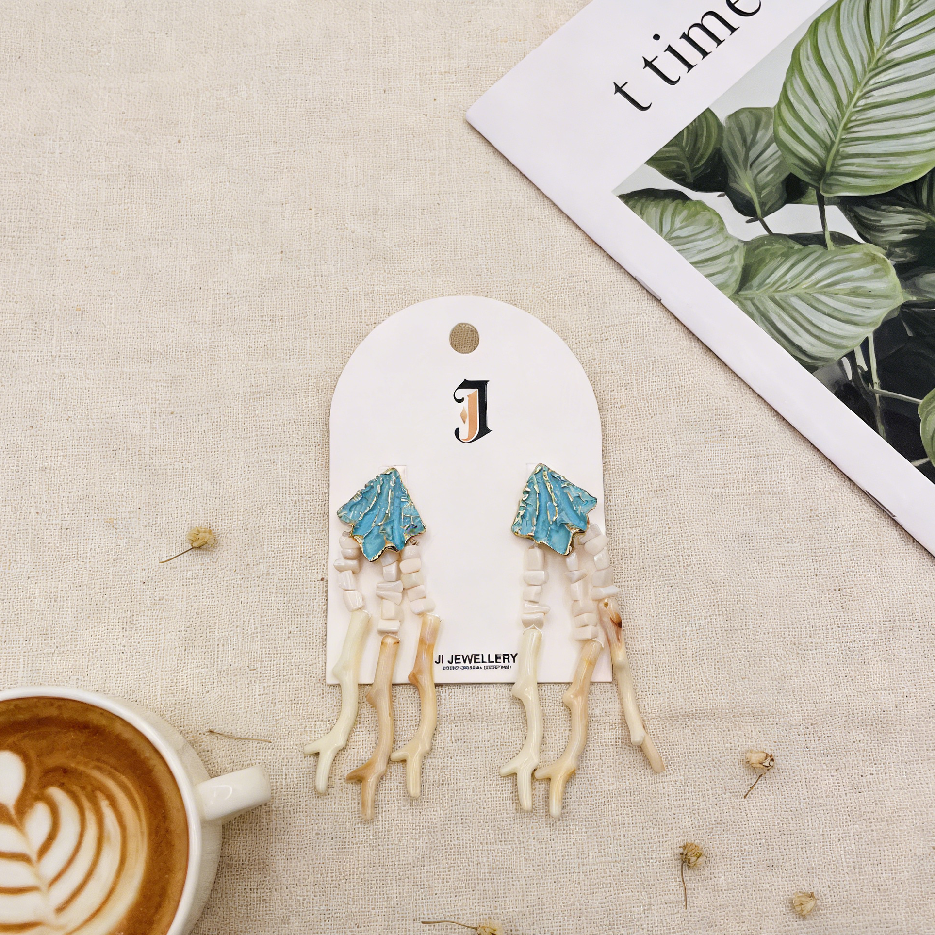 Pendientes Colgantes de Coral y Esmalte Turquesa | Diseño Artesanal Boho|JI JEWELLERY