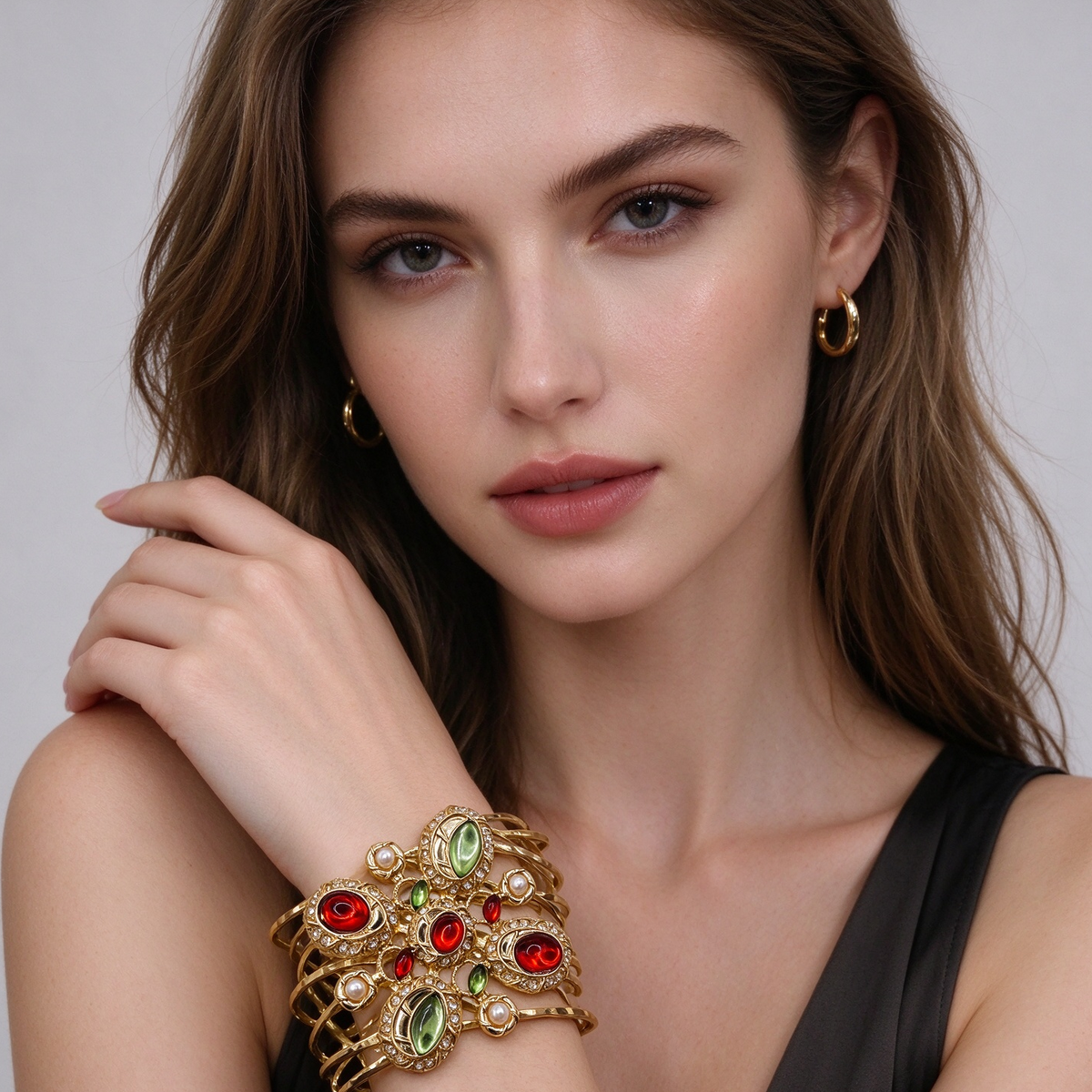 Conjunto Collar y Brazalete Vintage Cruz, Piedras de Color, Perlas Imitación, Joyería al por Mayor para Mujer|JI JOYA