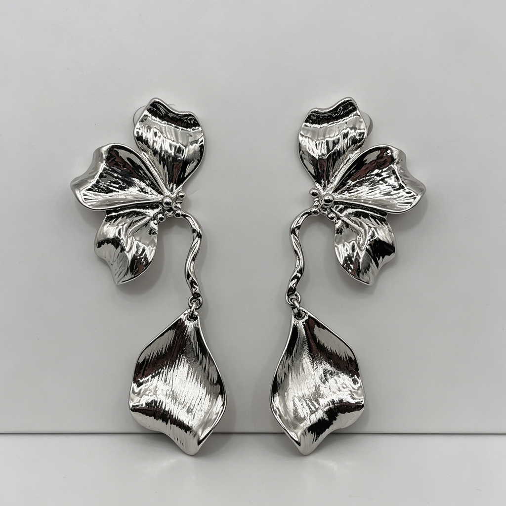 Pendientes Flor Metálicos Bicolor Plata y Oro, Pendientes Colgantes Texturizados al Por Mayor para Mujer, Joyería de Moda al Por Mayor OEM ODM|JI JOYA