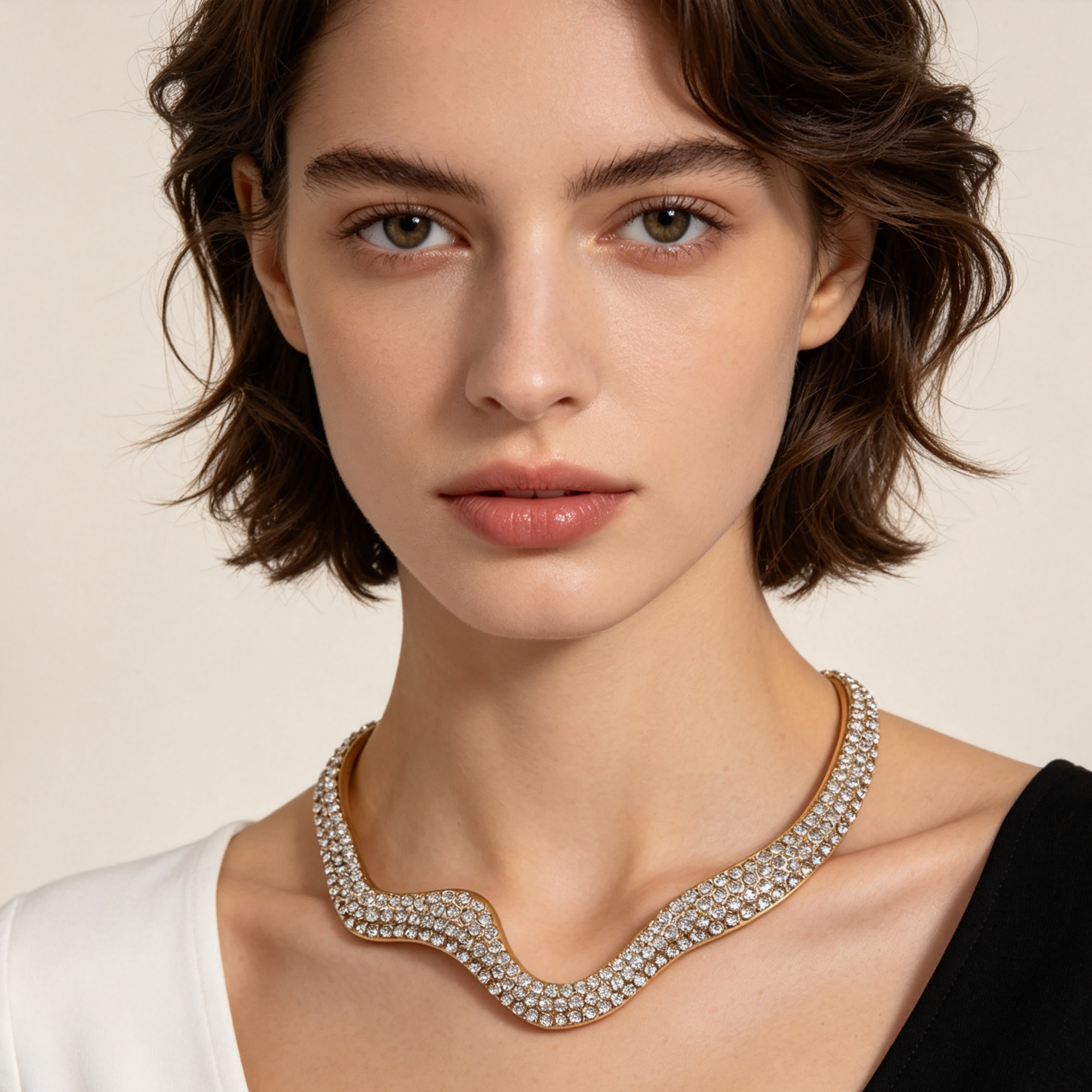 Collar Choker Ondulado con Cristales, Diseño Elegante, Disponible en Plata y Oro, Mayorista de Bisutería|JI JOYA