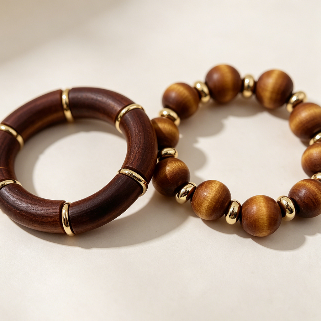 Pulseras de Madera Juego Mayorista, Brazalete Circular de Madera con Aros Dorados + Pulsera Bolas de Madera Accesorio Moda Mujer|JI JOYA