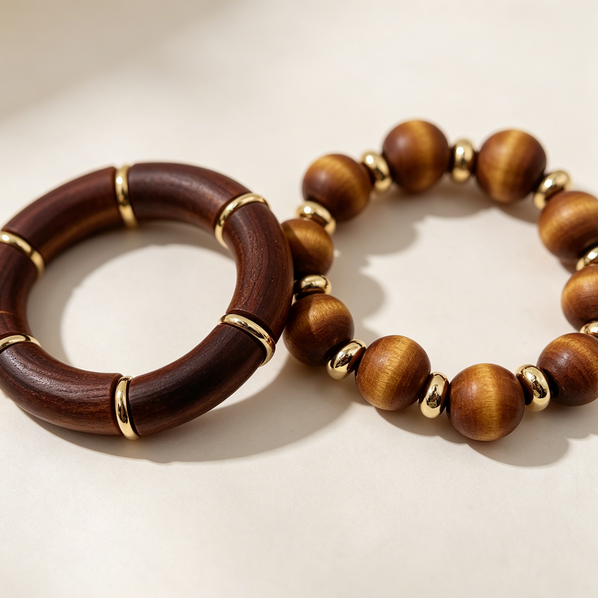Pulseras de Madera Juego Mayorista, Brazalete Circular de Madera con Aros Dorados + Pulsera Bolas de Madera Accesorio Moda Mujer|JI JOYA