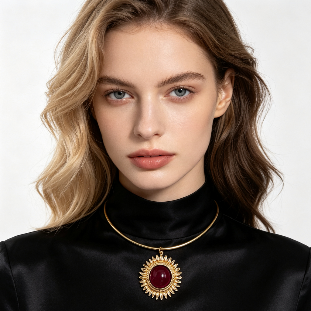 Collar Choker Sol con Piedra Cerrada, Collar de Metal Dorado, Accesorio de Moda al Por Mayor|JI JOYA