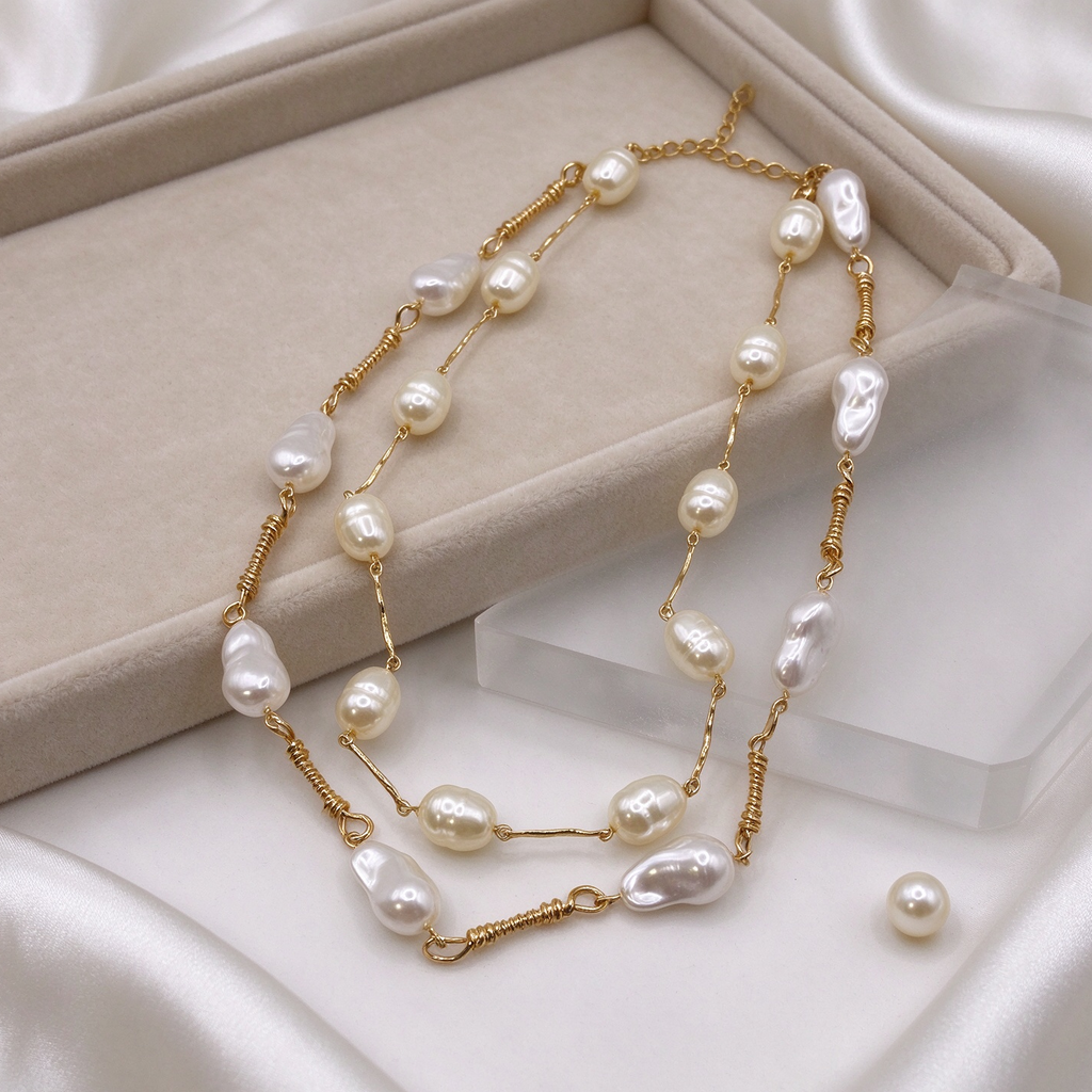 Collar Doble de Perlas Barrocas, Cadena de Alambre Dorado, Joyería al Por Mayor|JI JOYA