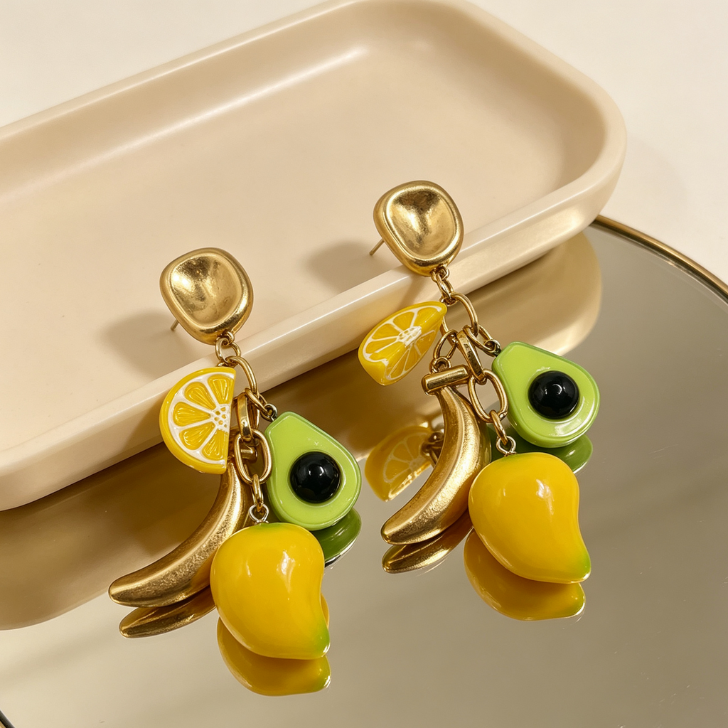 Pendientes colgantes frutas tropicales, diseño mango plátano aguacate limón, joyería de moda al por mayor|JI JOYA