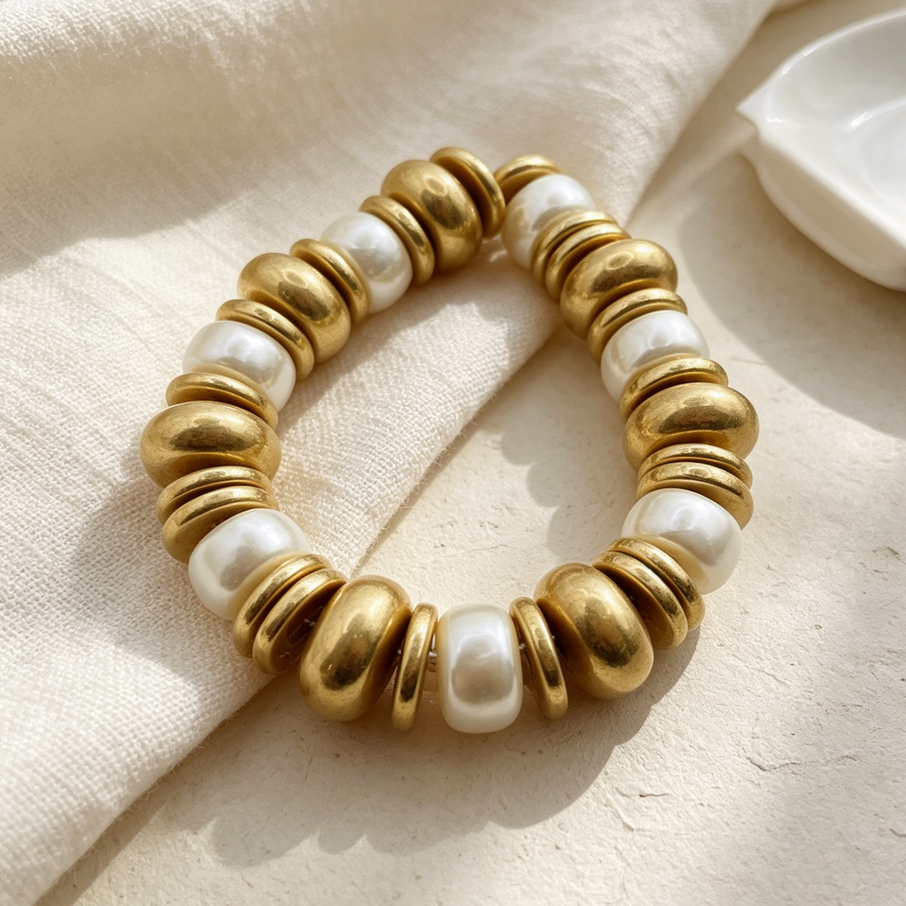 Pulsera elástica perla barroca con cuentas metálicas dorada y plateada, mayorista accesorios joyería moda|JI JOYA