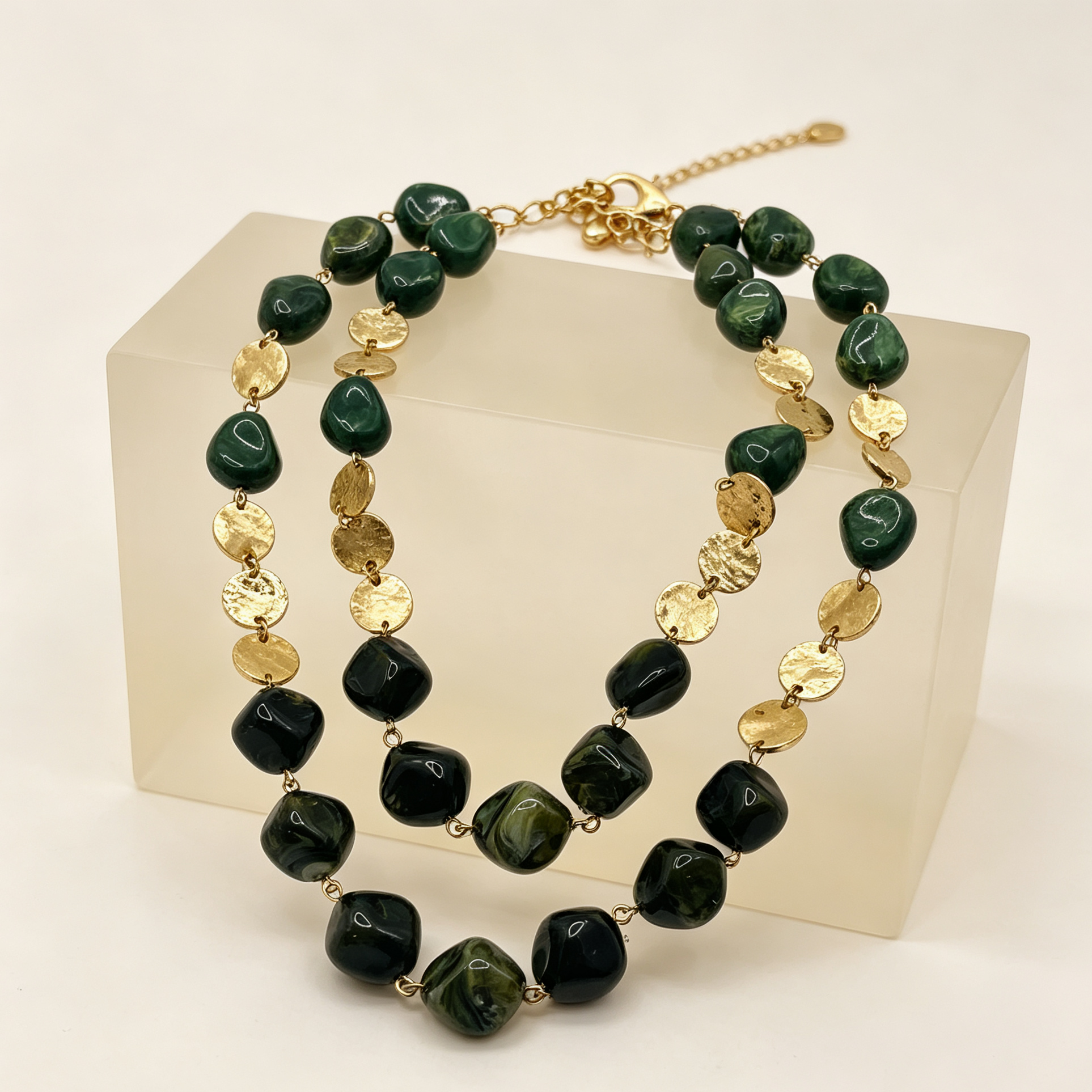 Collar doble capa piedras irregulares con discos dorados, accesorios de moda mayorista, disponible en 2 colores|JI JOYA