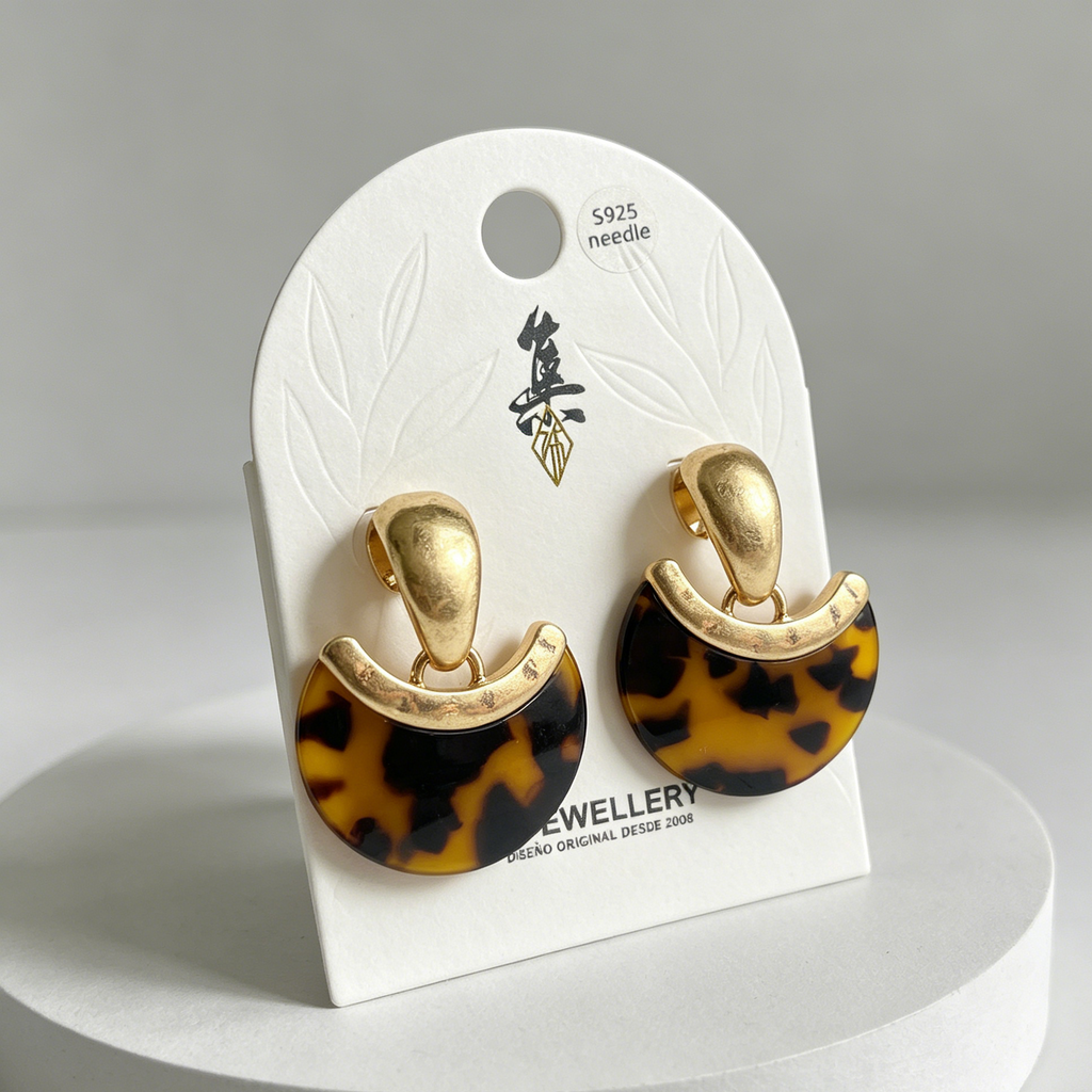 Pendientes Luna Estampado Tortuga Metal Dorado, Pendientes al por Mayor Agencia Moda, Post S925|JI JOYA