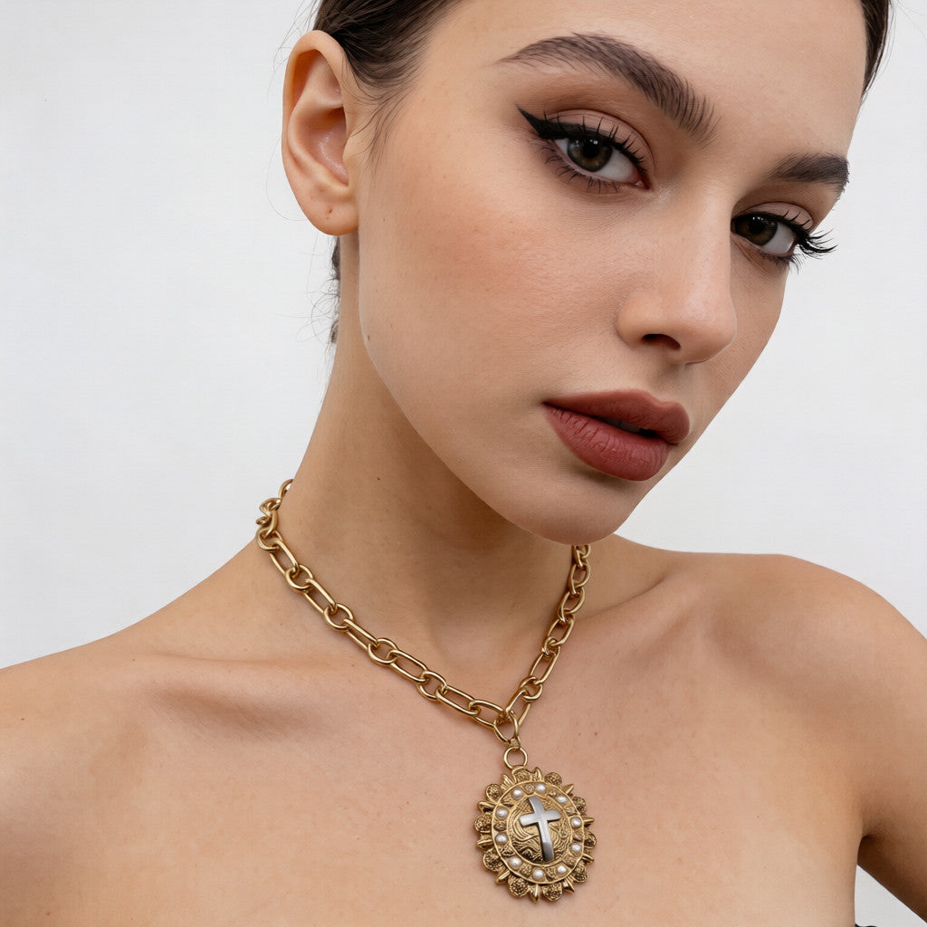 Gargantilla de cadena gruesa con medallón de cruz vintage | Collar con colgante llamativo