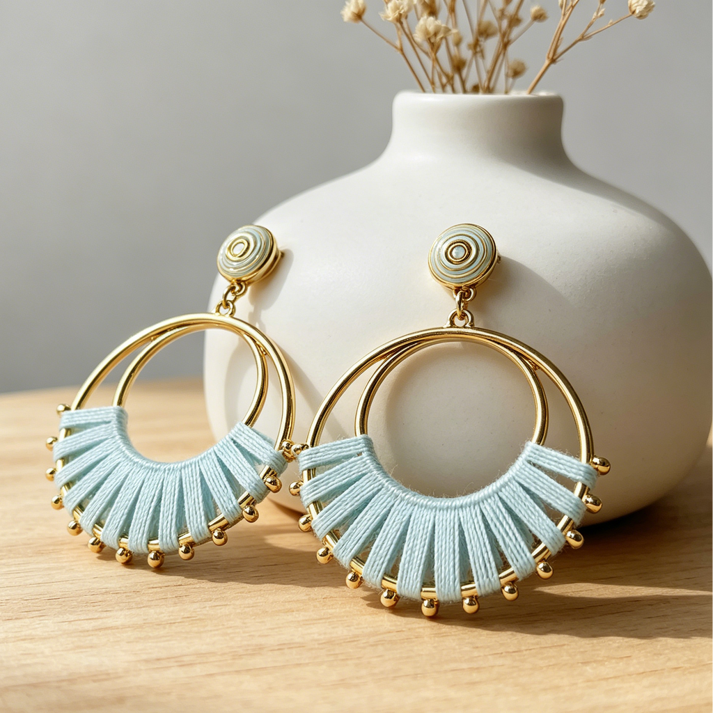 Pendientes Arco Hilo Tejido Aro Doble Dorado | Mayorista Joyería Moda Variedad Colores Rojo Negro Azul Claro|JI JOYA