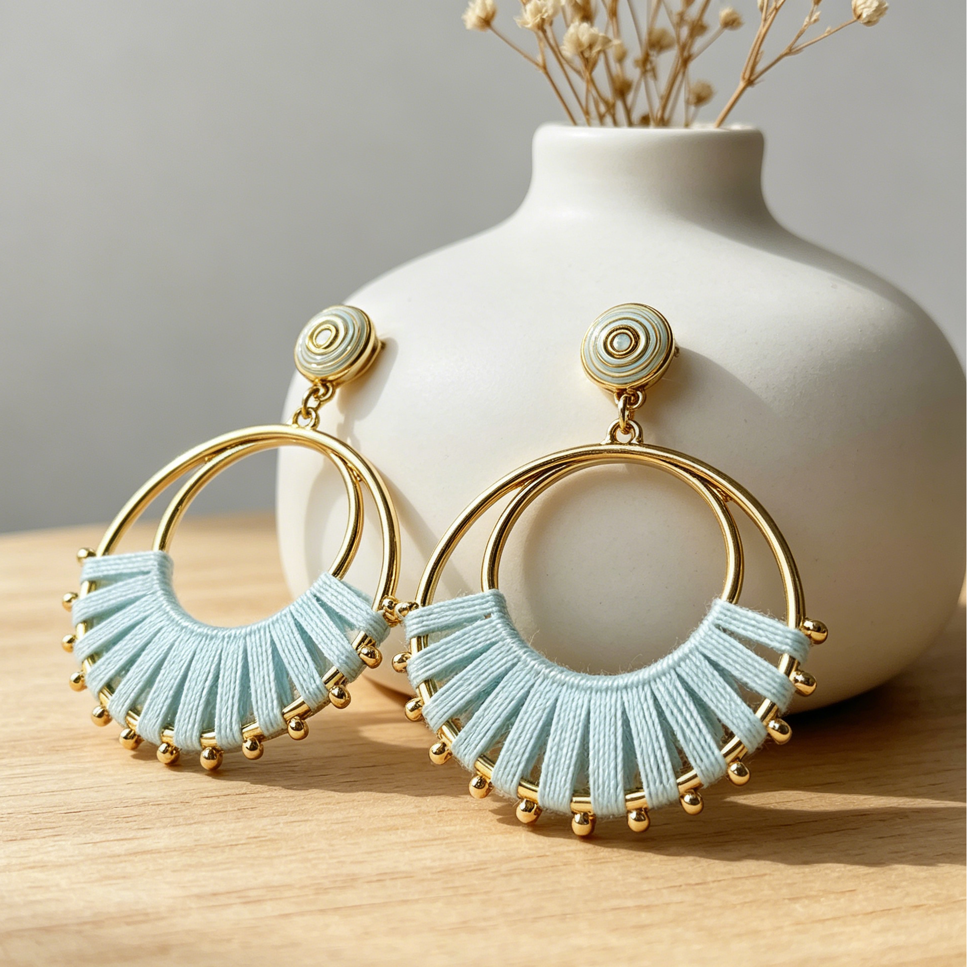 Pendientes Arco Hilo Tejido Aro Doble Dorado | Mayorista Joyería Moda Variedad Colores Rojo Negro Azul Claro|JI JOYA
