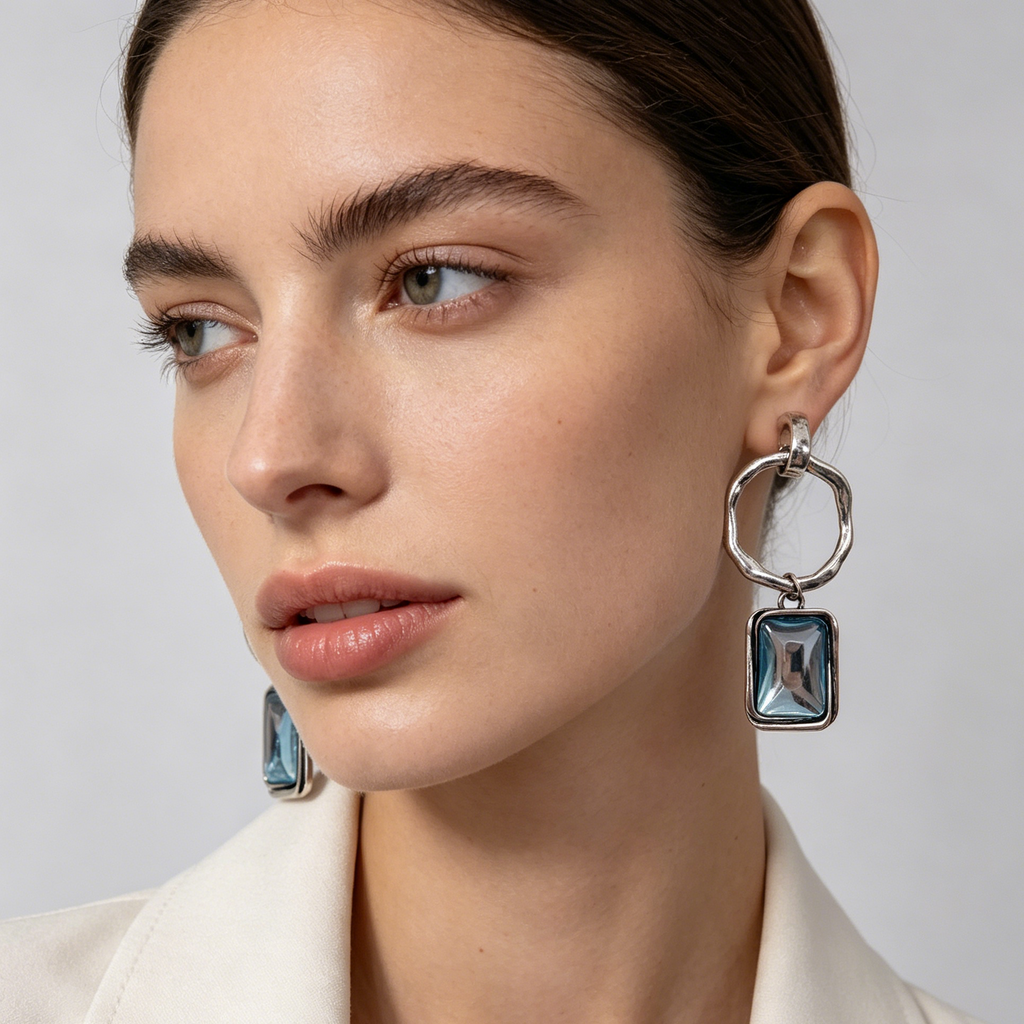Pendientes Colgantes Aro Irregular con Piedra Rectangular Resina, 3 Colores Oro/Antiguo Plata/Negro, Joyería de Moda al Por Mayor para Mujer|JI JOYA