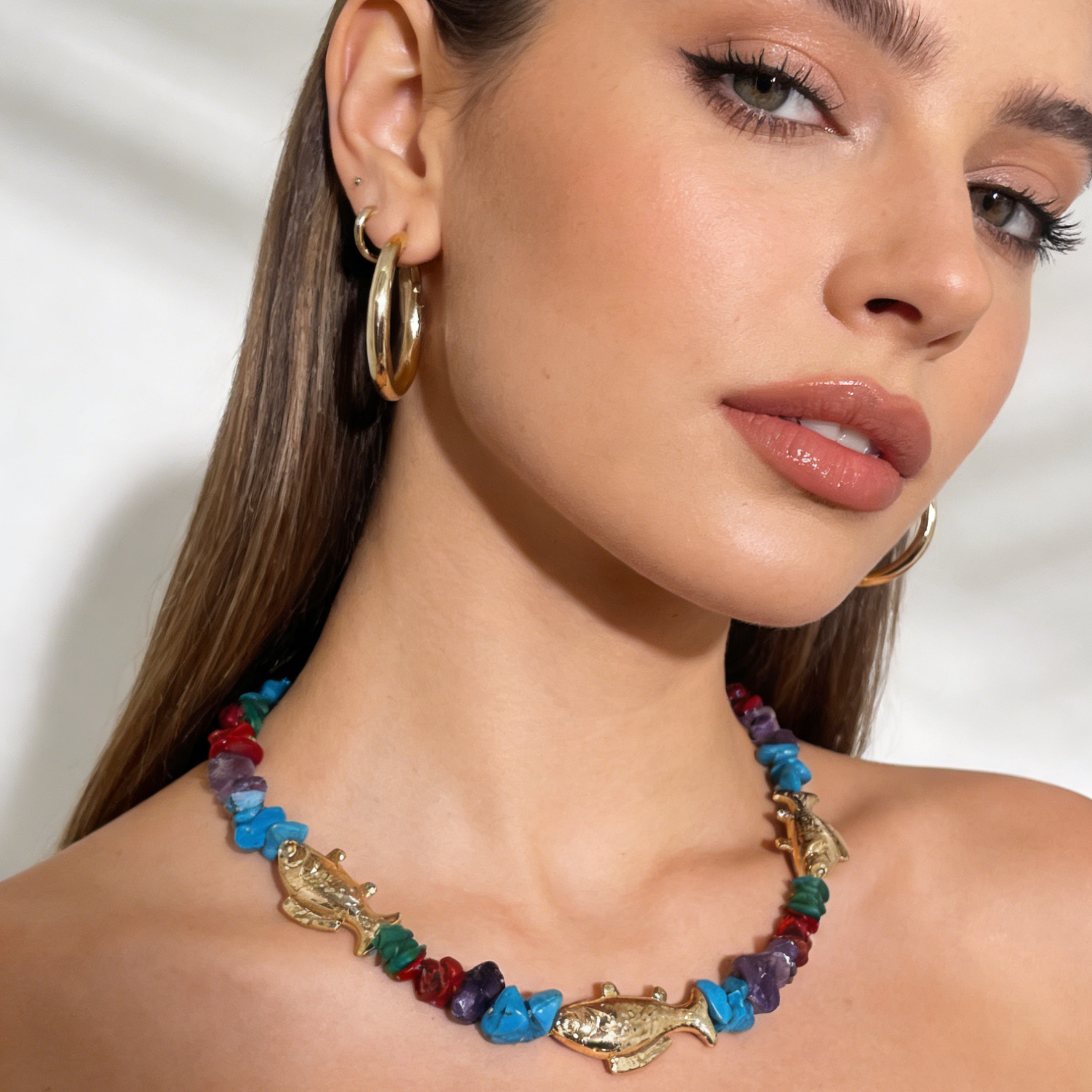 Bohemian necklace with colorful stone fish | Y2K Aesthetic Summer Jewelry