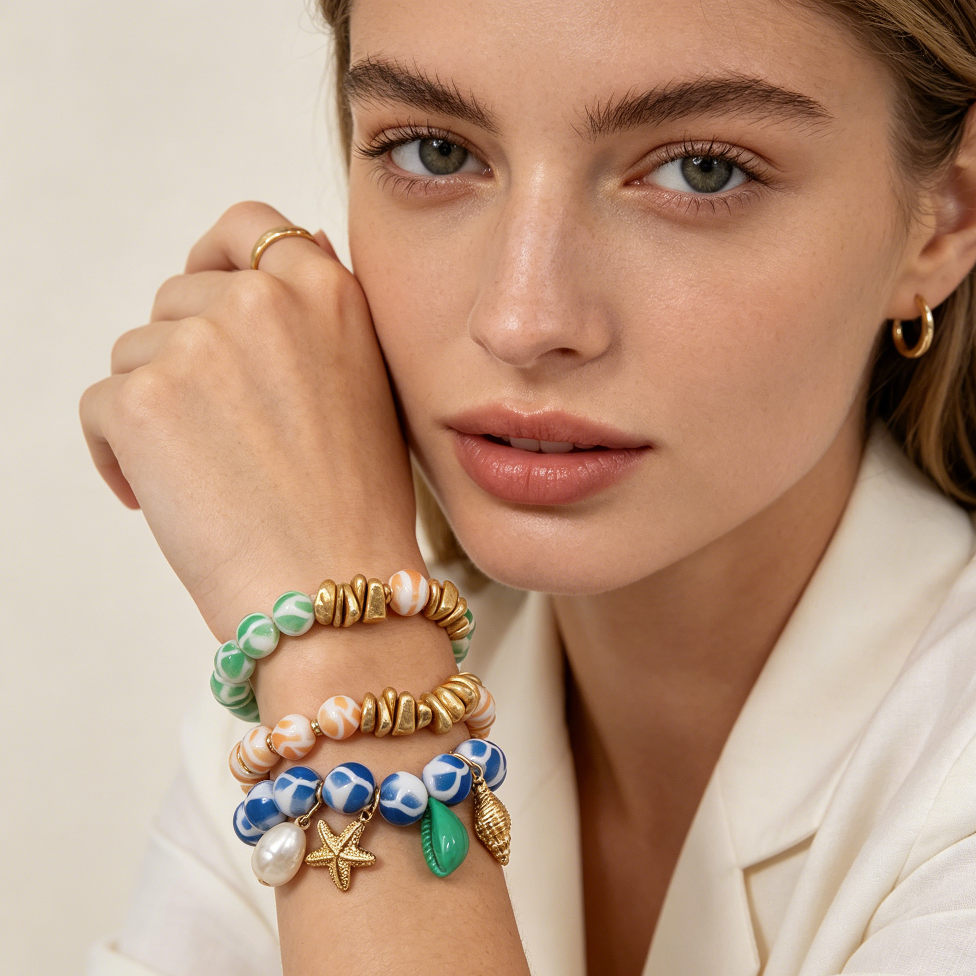 Pulseras de bolas de resina combinadas al por mayor, set de 3 pulseras de playa con accesorios marinos, joyería casual de verano para mujer|JI JOYA