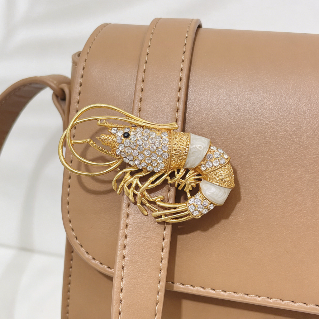 Broche de langosta con diamantes de imitación dorados | Broche vintage de cristal de lujo para mujer
