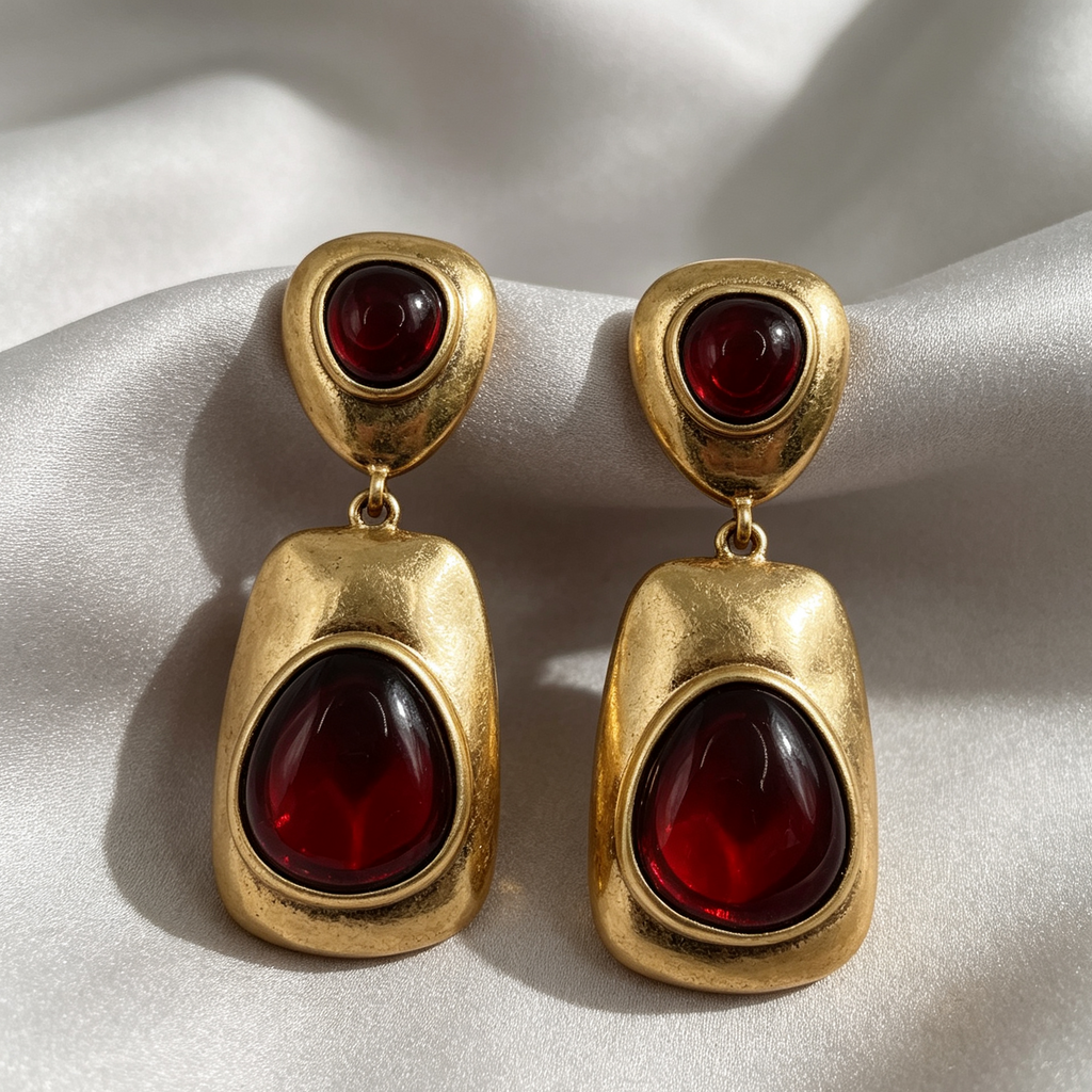 Pendientes Colgantes Vintage Dorados con Piedras Rojas de Resina | Mayorista JI JOYA