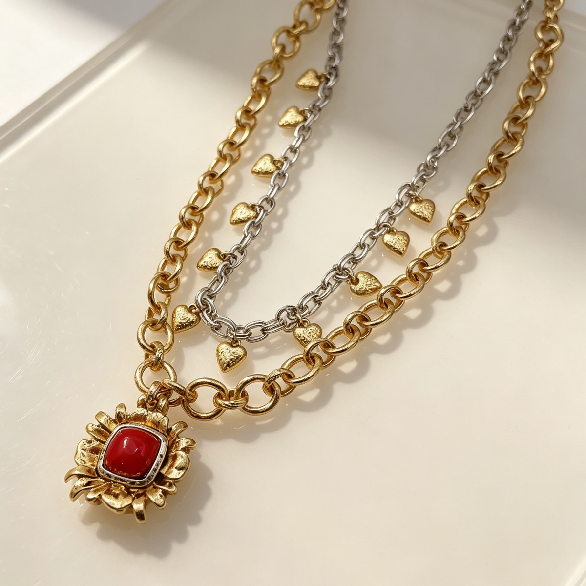 Collar Doble Cadena Vintage con Colgante de Piedra Roja, Joyas de Moda al Por Mayor|JI JOYA