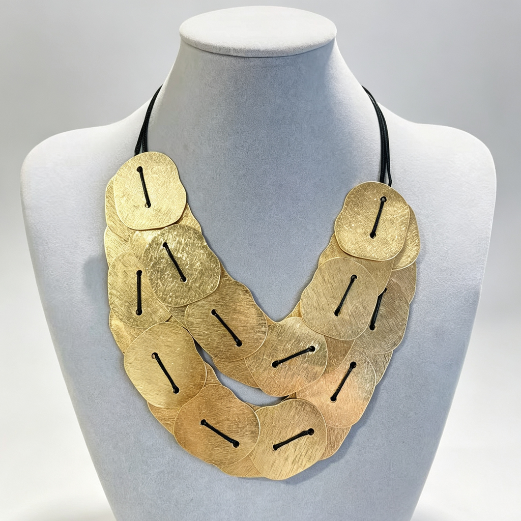 Collar de Láminas Metálicas Doradas de Doble Capa, Gargantilla Boho con Cordón Negro, Joyería Mayorista para Mujer|JI JOYA