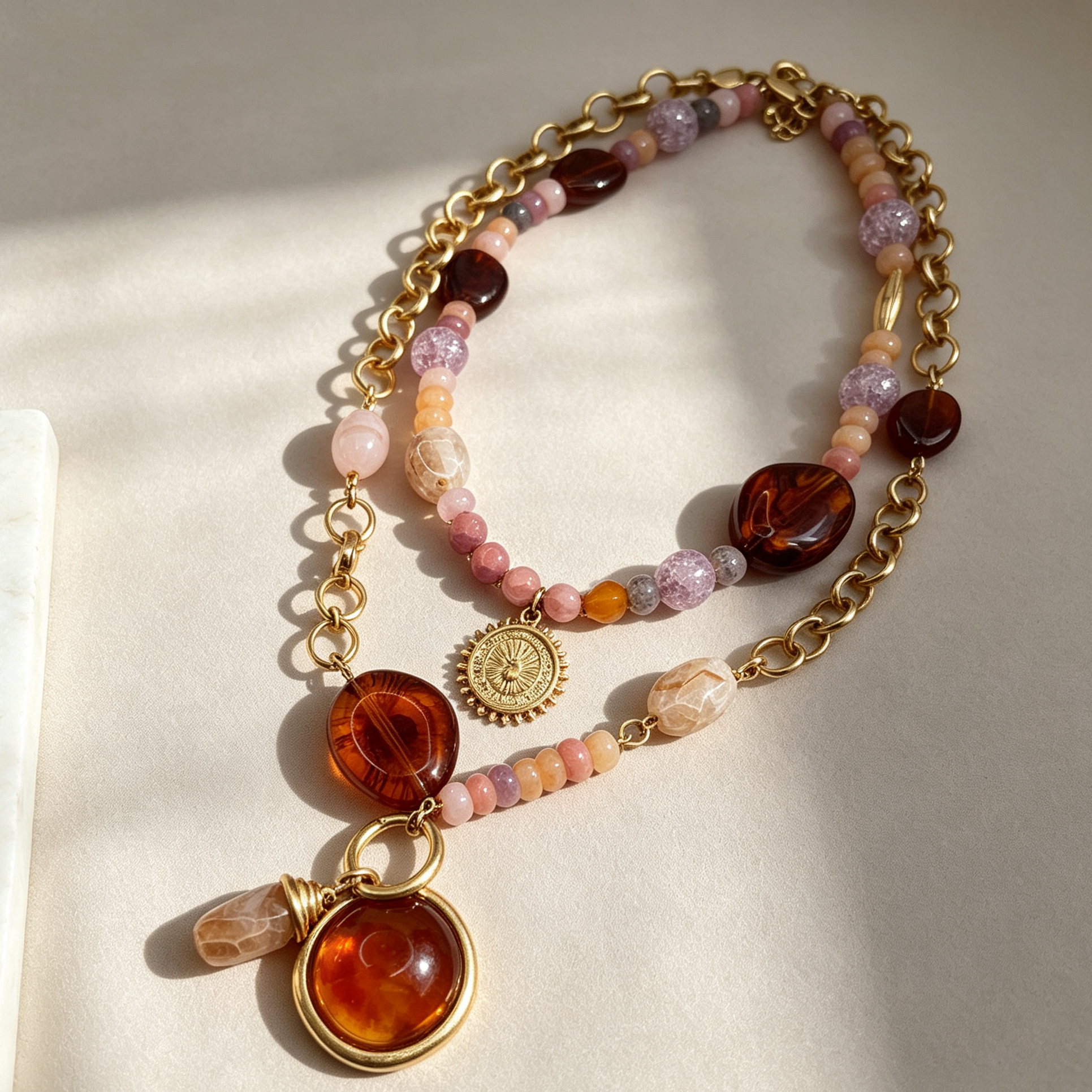 Collar de piedras mixtas con colgante vintage, cadena dorada, accesorio de moda mayorista|JI JOYA