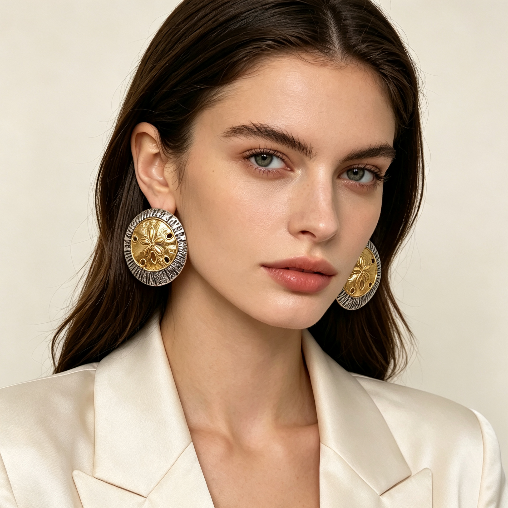 Pendientes Redondos Bimetálicos Diseño Floral Mayorista | JI JOYA