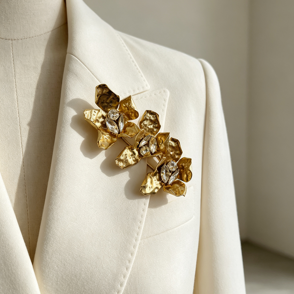 Broche de Flores Metálico Dorado con Cristales, Diseño Artesanal, Accesorio de Moda al Por Mayor|JI JOYA
