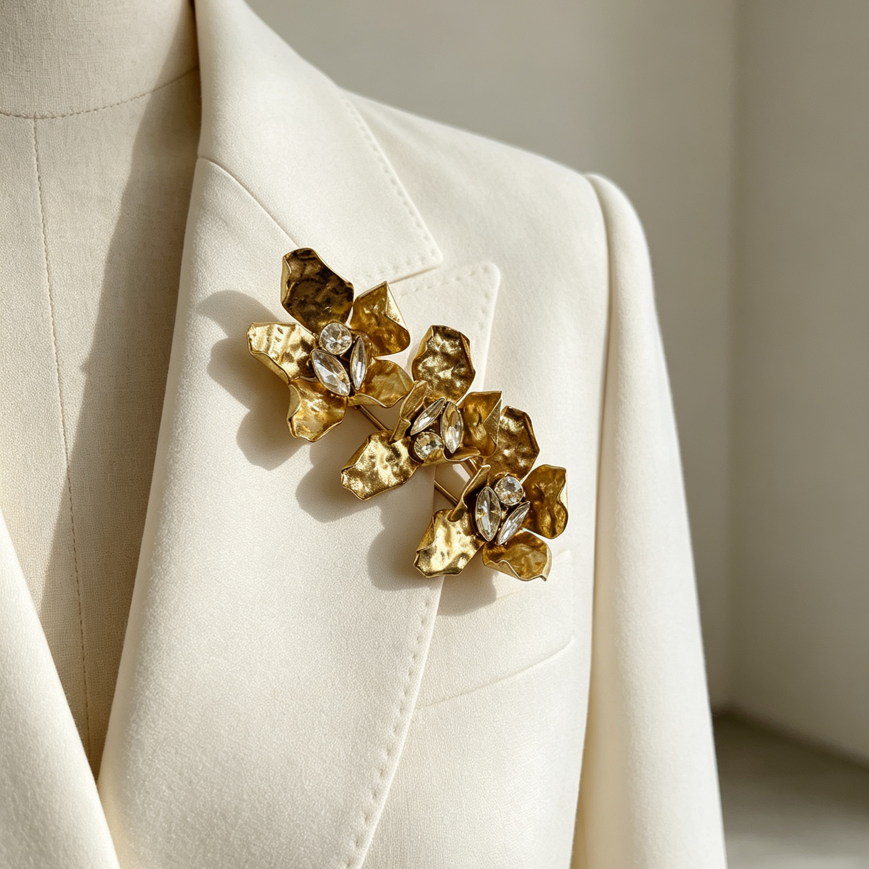 Broche de Flores Metálico Dorado con Cristales, Diseño Artesanal, Accesorio de Moda al Por Mayor|JI JOYA