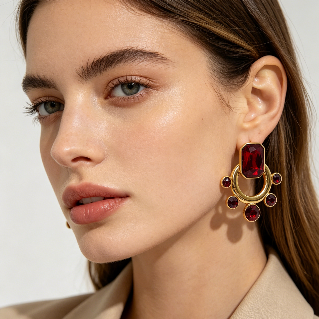 Pendientes Vintage Piedra Color Rubí Esmeralda Zafiro, Diseño Arco Dorado Metal Mayorista Joyería Moda Europea OEM ODM|JI JOYA