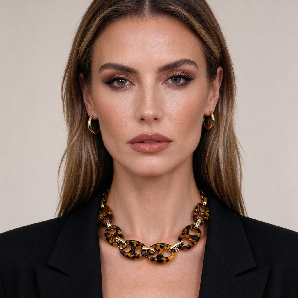 ollar de eslabones resina carey dorado, collar grueso de moda mayorista|JI JOYA