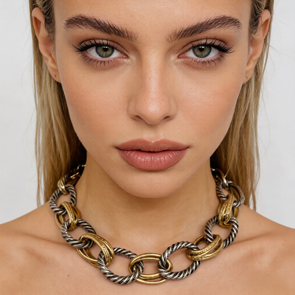 Collar de cadena de dos tonos con diseño de eslabones entrelazados