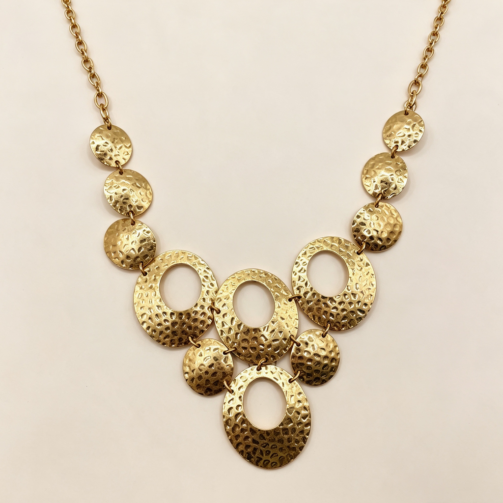 Collar Gargantilla Dorado Texturizado Martillado, Diseño Geométrico Grandes Aros, Joyería Moda Mayorista para Mujer|JI JOYA