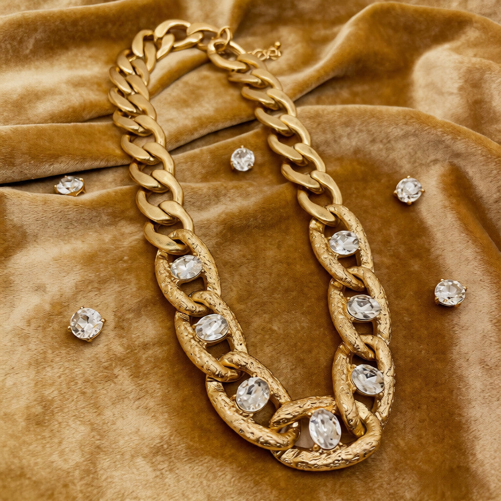 Chunky Gold Rhinestone Statement Necklace | Vintage Punk Thick Chain Jewelry
