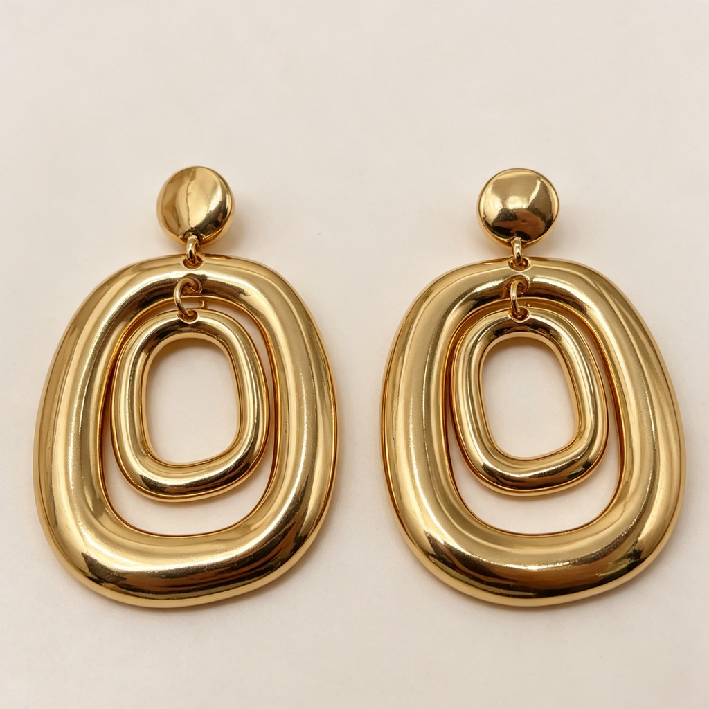 Pendientes geométricos dobles de aro oval, acabado dorado y plateado, joyería al por mayor|JI JOYA