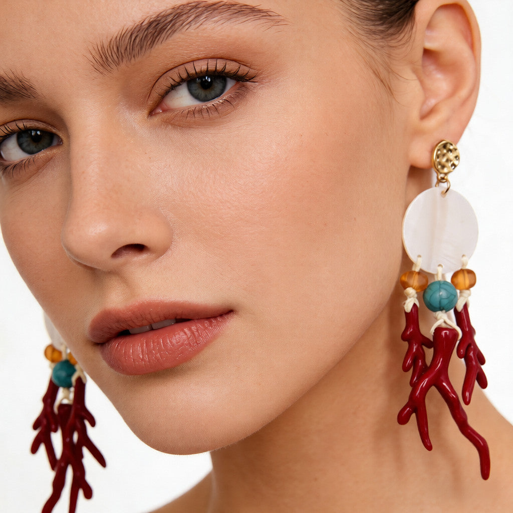 Brincos de Estilo Mediterrâneo com Elementos de Coral e Madrepérola|JI JOYA