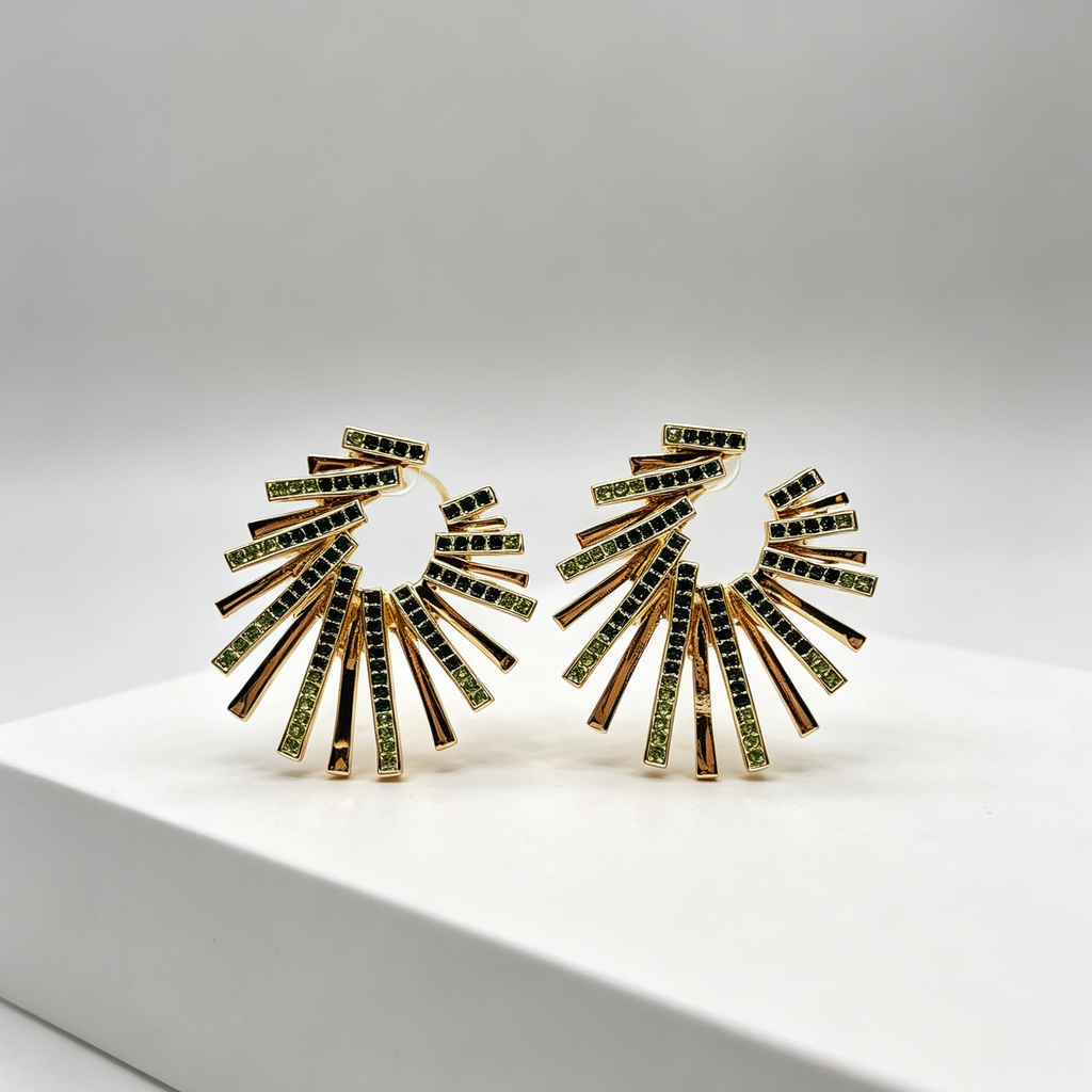 Pendientes Abanico Cristal Verde y Negro, Diseño Explosivo 2 Colores Plata/Oro, Mayorista Joyería Moda al Por Mayo|JI JOYA