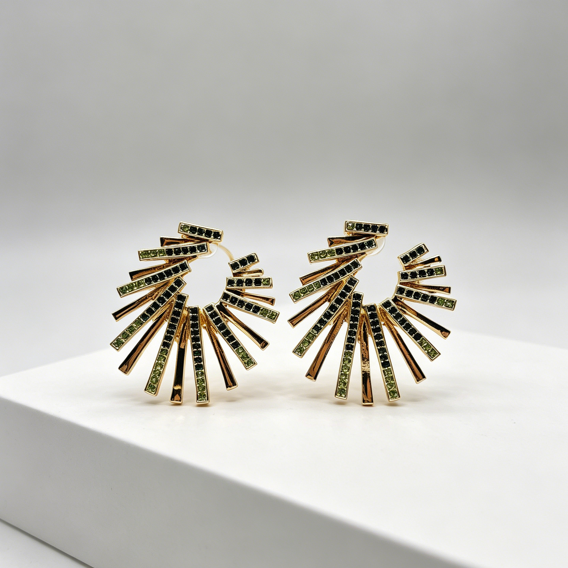 Pendientes Abanico Cristal Verde y Negro, Diseño Explosivo 2 Colores Plata/Oro, Mayorista Joyería Moda al Por Mayo|JI JOYA
