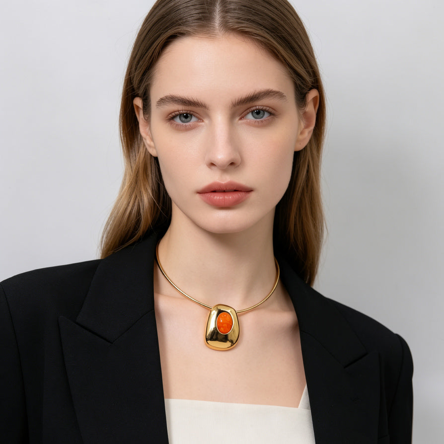JI JOYA VENTA AL POR MAYOR|Collar de Gargantilla con Colgante Ovalado - Joyería Dorada de Moda al Por Mayor (Verde, Naranja, Blanco)