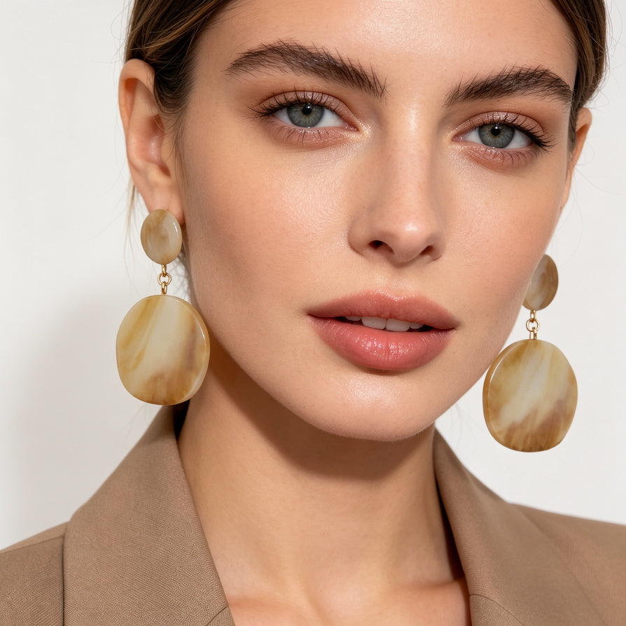 Pendientes de Resina Mármol Beige, Diseño Minimalista Boho, Bisutería Mayorista para Mujer | JI JOYA