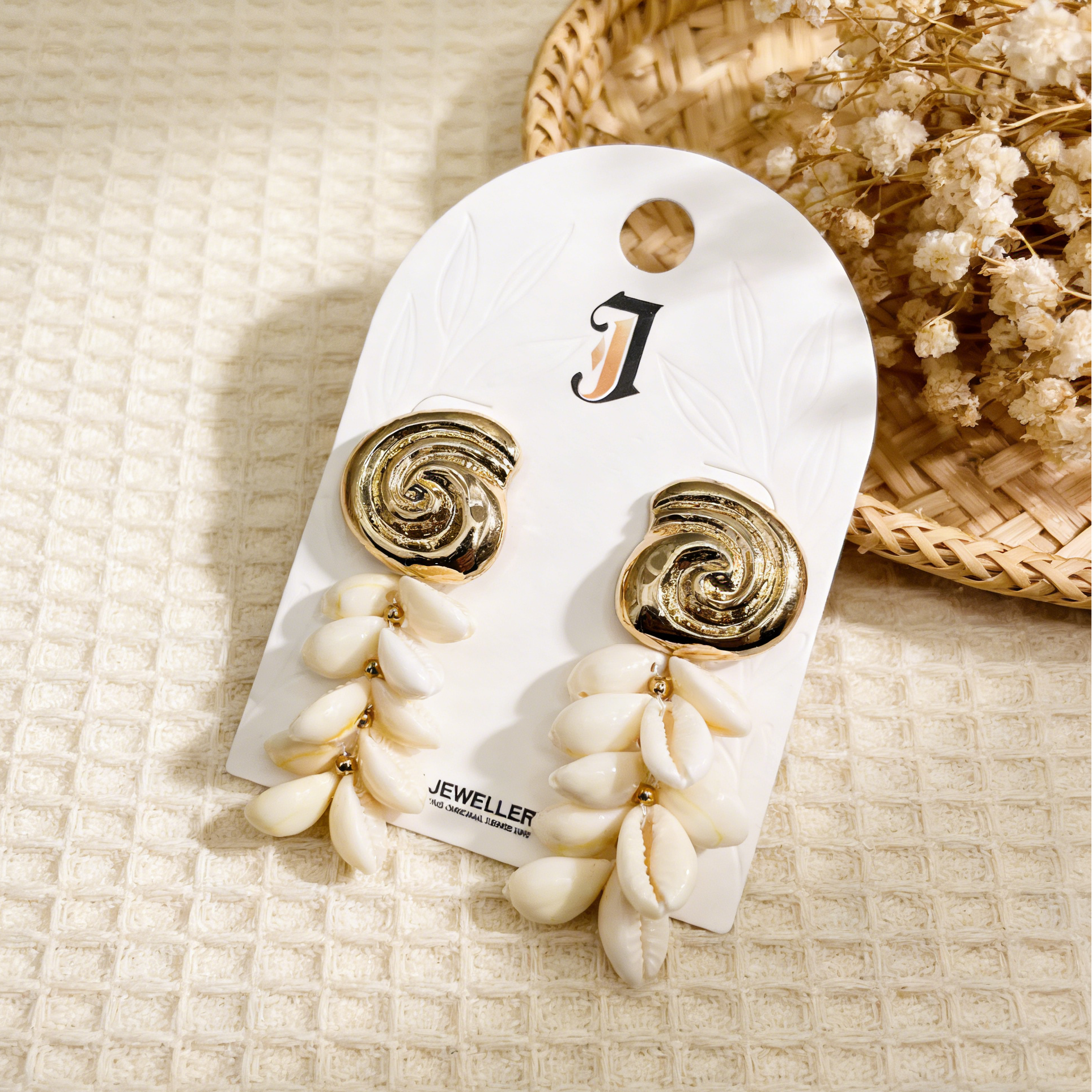 Pendientes de Concha Marina con Detalle Espiral Dorado - Estilo Boho Costero